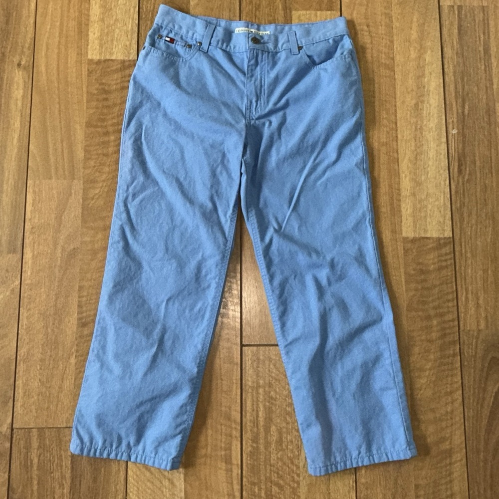Women's Vintage Tommy Hilfiger Flag Logo Pants Light Blue Size 4